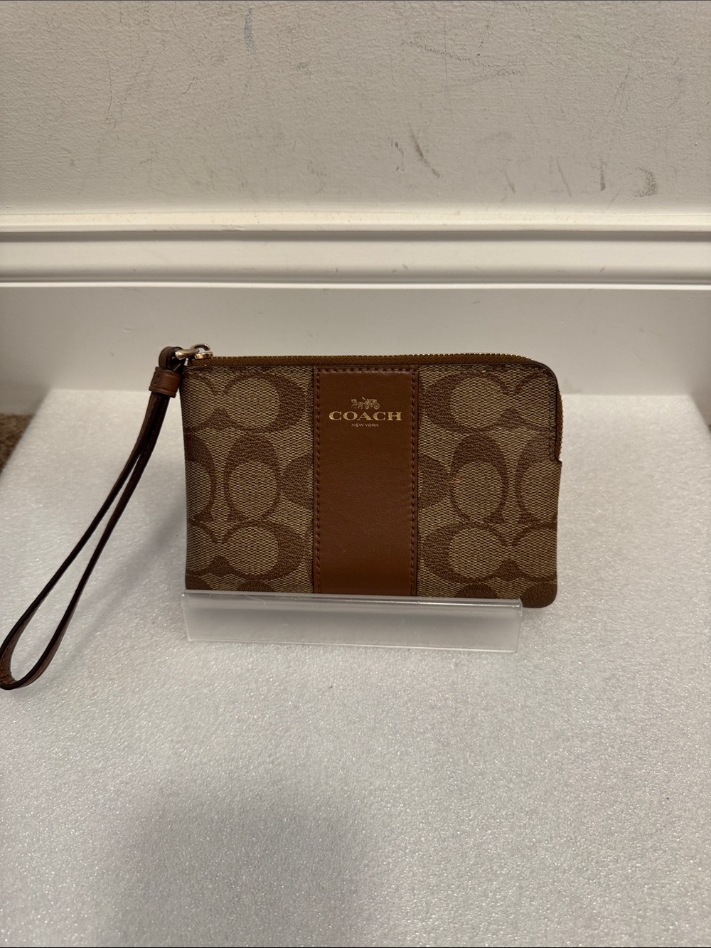 Coach Brown Signature Canvas Corner Zip Wristlet